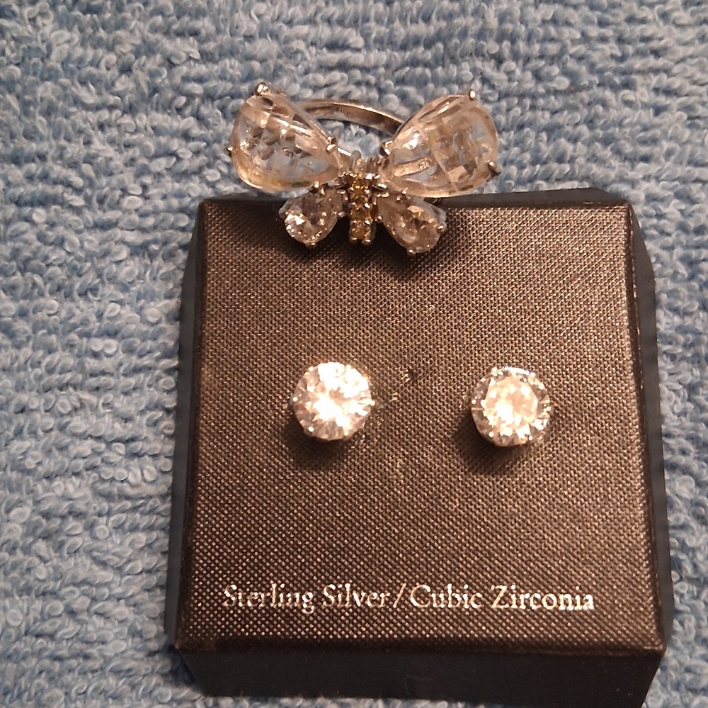 Beautiful Sterling Silver Crystal Butterfly Ring & 3 Ct. Cubic Earrings